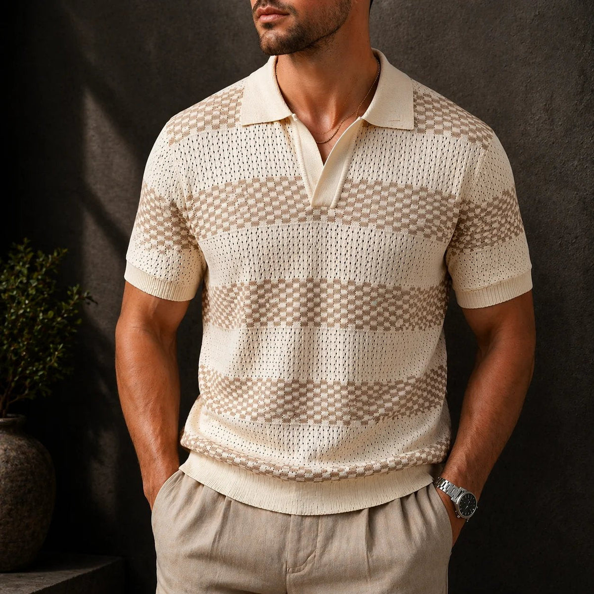Saazoo | Men's Striped Cotton Blend Camp Collar Shirt