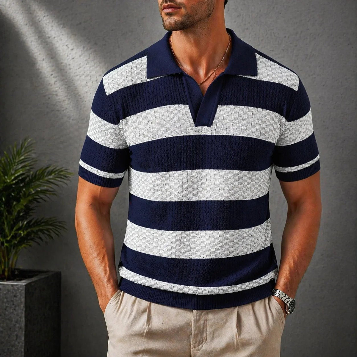 Saazoo | Men's Striped Cotton Blend Camp Collar Shirt
